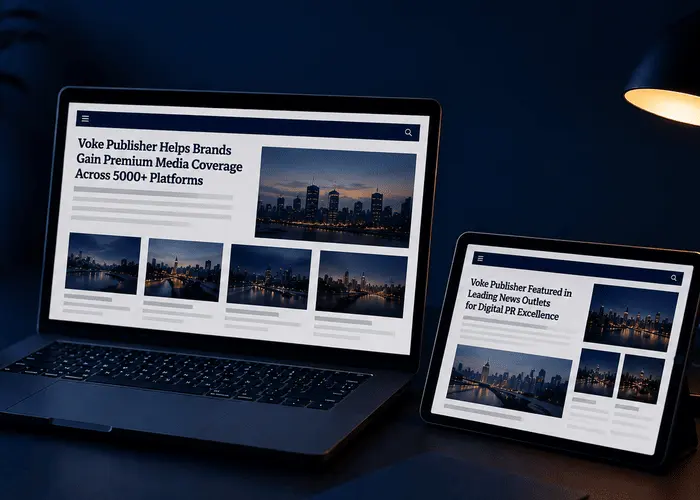 Brand coverage displayed across news sites on laptop and tablet screens